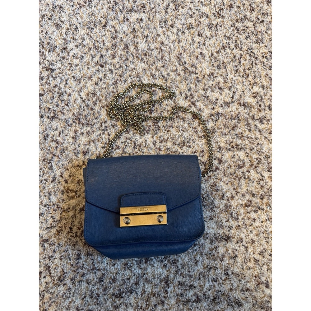 $399. Furla Metropolis Mini Leather Crossbody Azzurro Blue Gold
